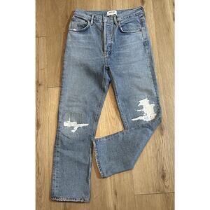 Agolde Women's Riley High Rise Straight Crop Blue Denim Jeans Button Fly-Size 26